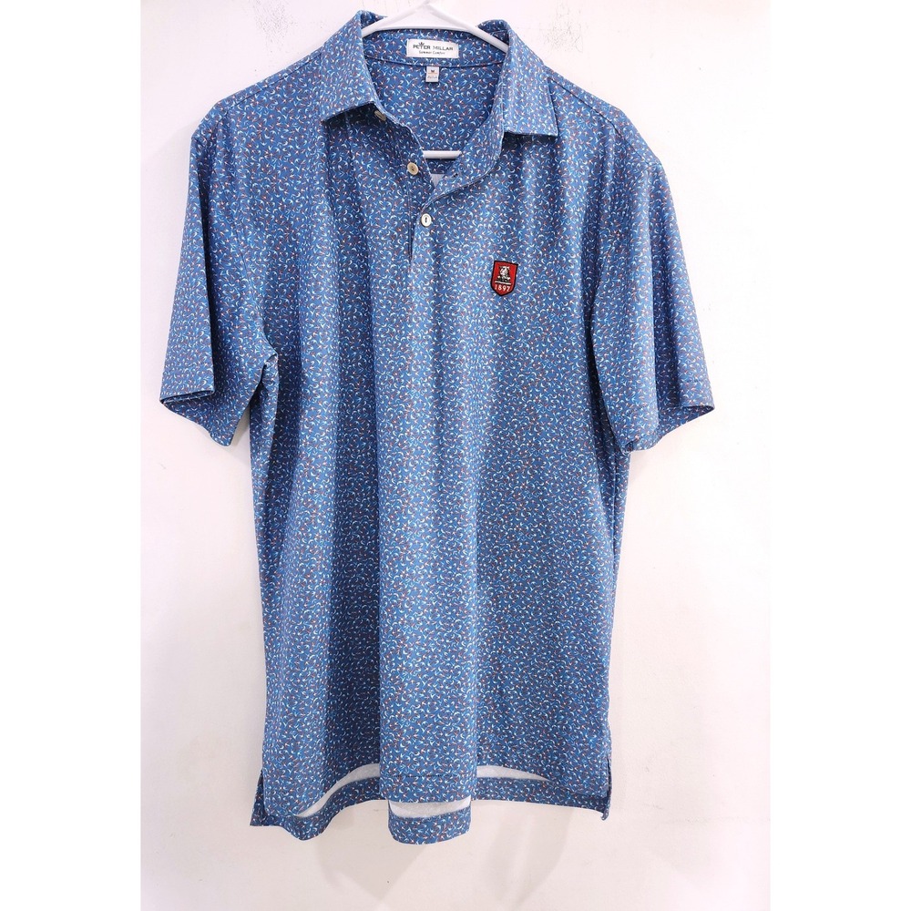 Peter Millar Summer Comfort Blue Bird Print Polo Shirt Mens Medium 1897 Crest